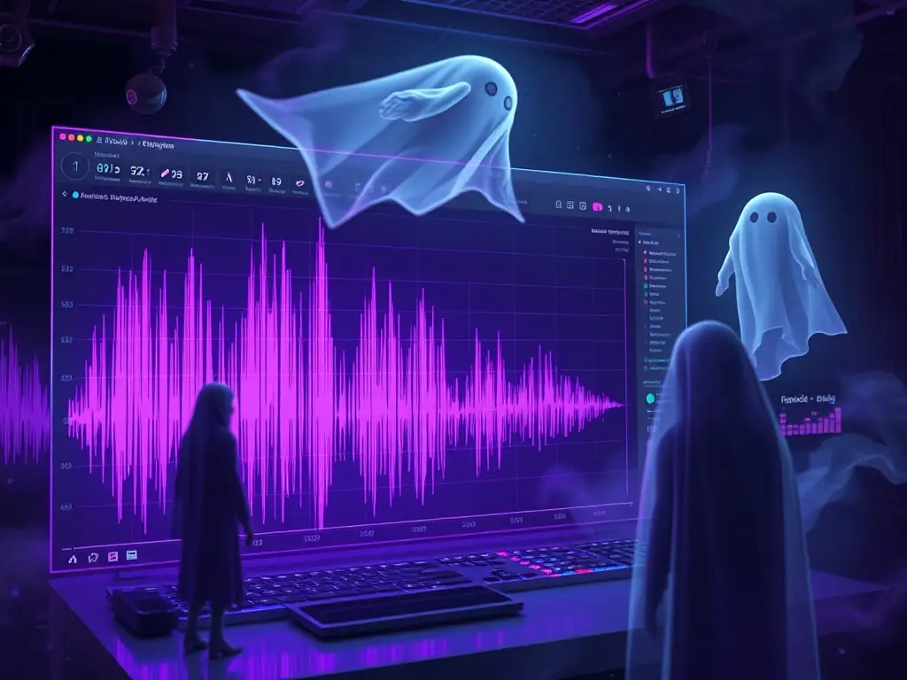 Digital interface showing AI tools analyzing sound waves with a spooky theme.