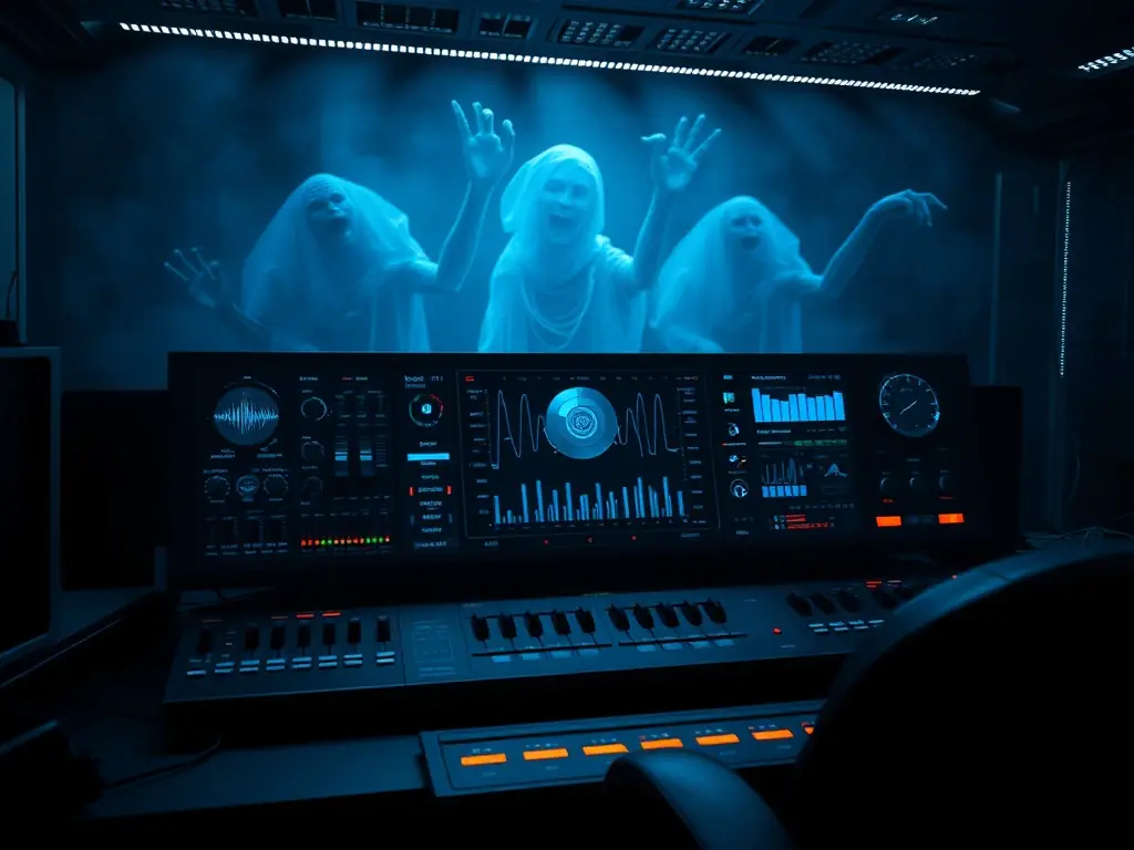 Futuristic AI dashboard for creating monstrous sound effects in a dimly lit environment.