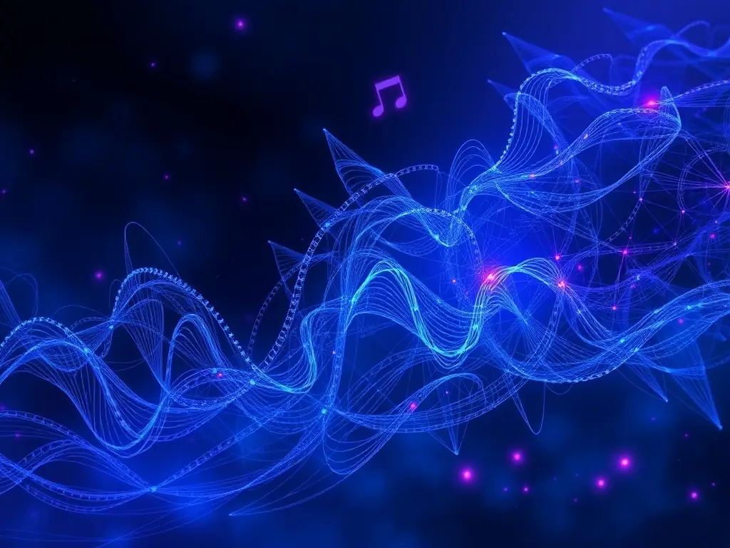 Digital artwork of AI algorithms creating eerie music patterns against a dark mystical background.